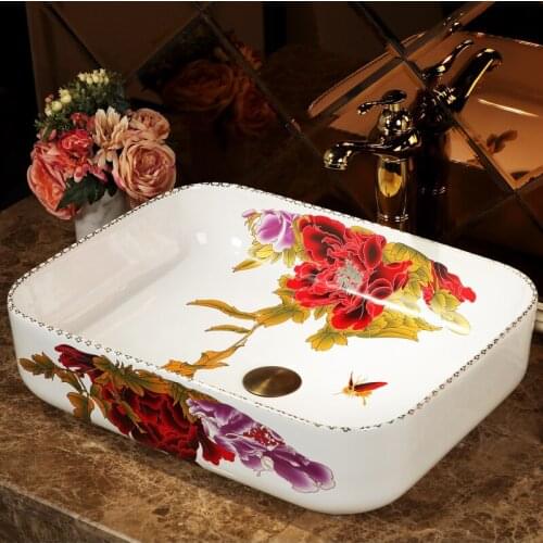 Rectangle Jingdezhen Ceramic Wash Basin bathroom sink rectangle peony pattern