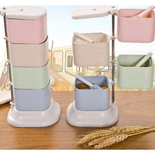 Wheat Straw Four-grid Rotatable Vertical Seasoning Box With Spoon New Vertical Multi-layer Seasoning Spice Storage For Kitchen