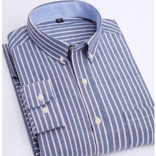 Good Quality Cotton Oxford Striped Men Dress Formal Shirt Long Sleeved Simple Solid Casual Plaid Shirts Brand Camisa Masculina