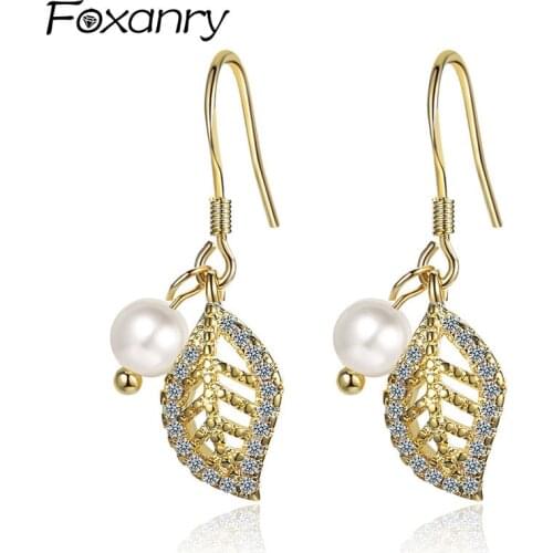 FOXANRY Prevent Allergy 925 Sterling Silver Pearl Earrings New Trendy Elegant Sweet Hollow Sparkling Leaves Zircon Bride Jewelry