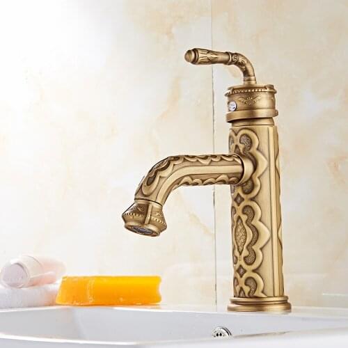 GIZERO Vintage Faucets Antique Copper Carved Bathroom Basin Sink Faucet Waterfall Spout Vanity Mixer Taps GI152