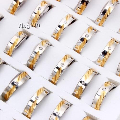 Yingwu Luxury CZ Rhinestone Ring Gold Color 316L Stainless Steel Wedding Engagement Finger Ring Jewelry 5pcs Lot