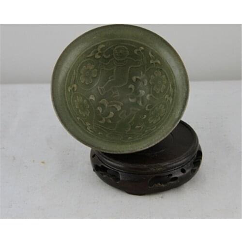 Song Dynasty Yaozhou Kiln Green Glazed Carved Doll Pattern Bamboo Hat Bowl