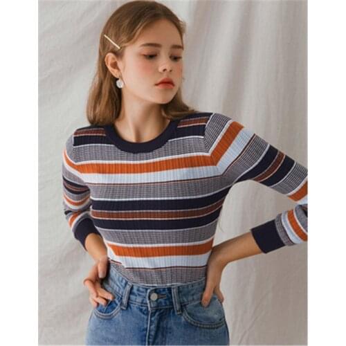 2020 Womens T-shirt Spring Autumn Korean Style Stitching Color Striped Tops Elastic Bottoming Knitted Casual Tops