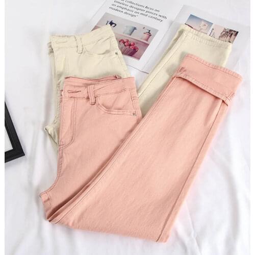 Women 2021 Spring High Waist Stretch Jeans Female Beige Pink Straight Pants Streetwear Loose Denim Trousers PL005