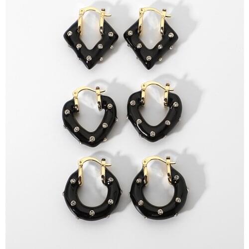 Geometric All Black Enamel Heart Shape Crystal Rhinestone Hoop Earrings For Women Trendy Korean Simple Cute Earring Jewelry