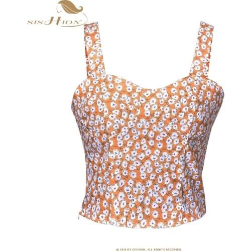 SISHION New Summer Fashion Sexy Print Camis Women QY0148 Short Yellow Backless Slash Neck Vintage Slim Crop top