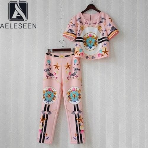 AELESEEN Women Summer 2 Pieces Sets Pink Designer Fashion Casual Short T-Shirt+ Full-Lenght Pants Beading Stars Print Twinsets