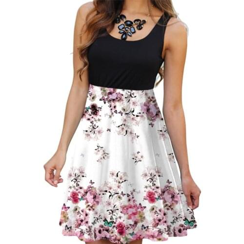 Butterfly And Plum Bossom Flower Printed Fit And Flare Pullover Sleeveless Patchwork Big Hem Dress For Women