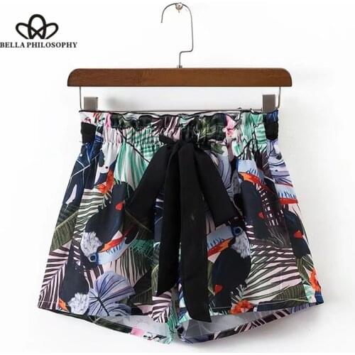 Bella Philosophy 2018 women summer tropical floral birds print pajamas set blouse shirt shorts