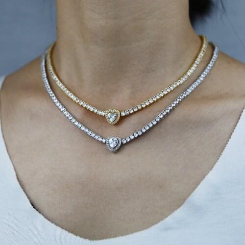 Classic 3mm tennis chain choker necklace with 5A full cz paved heart pendant hip hop necklace for women men Party Jewelry