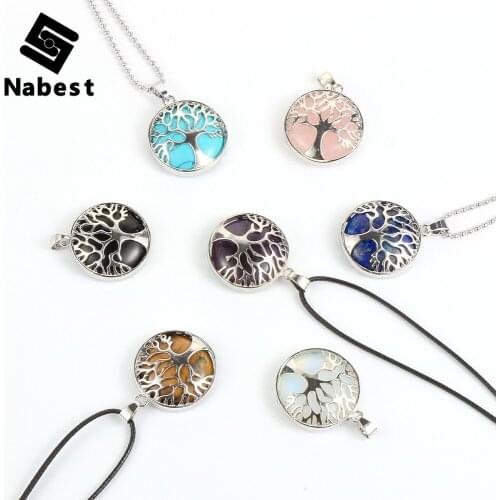 Women Men Natural Stone Tree of Life Pendant Necklace Amethysts Tiger Eye Lapis Lazuli Opal Wax Rope Clavicle Chain Jewelry
