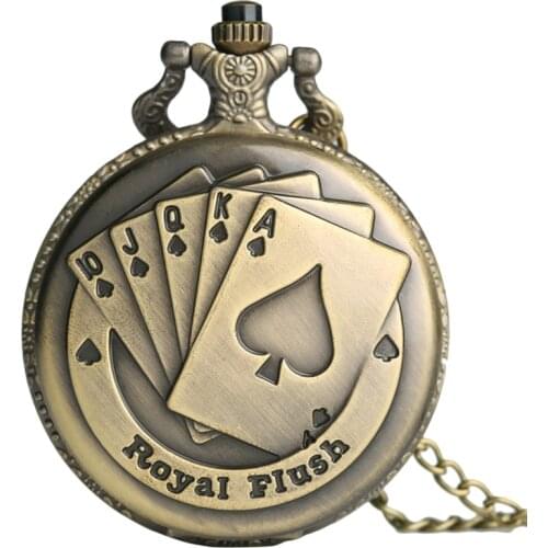 Flush Poker Cards Pattern Necklace Watch Vintage Style Bronze Pendant Chain Classy 3D Poker Face Clock Quartz FOB Pocket Watch