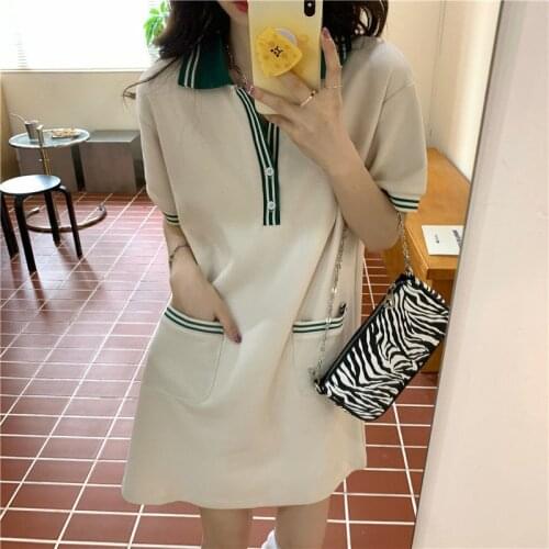 CMAZ Cotton Collar Dress Contrast Color Summer Korean New Sports