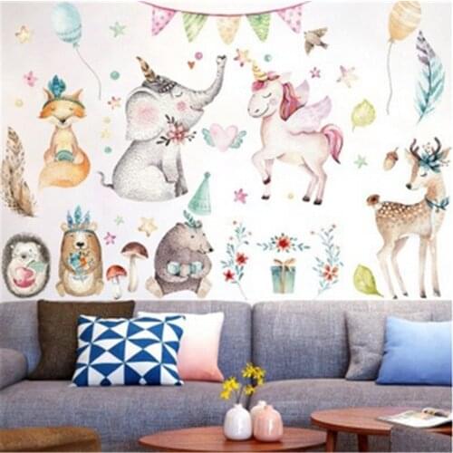 Colorful Unicorn Elephant Deer Horse Butterfly Wall Stickers For Kids Room Bedroom Wall Decals Nursery Decor Birthday Gift