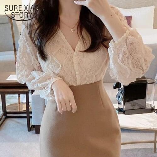Lace Shirt Sweet Hollow Out Top Female Spring New Long Sleeve V-neck Wild Loose Lace Shirt Chiffon Blouse Blusas Mujer 13921