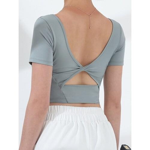 Hearuisavy Summer Short Sleeve Sports Crop Top Women Breathable Yoga T-Shirt With Padded Open Back Fitness Gym Running Shirts