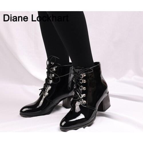 Fashion Ankle Boots Patent Leather Boots Women Casual Low Heels Short Boots Lace Up Booties Woman Autumn Shoes Botines Mujer