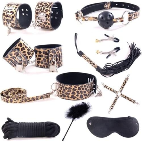 10pcs Set Slave Bdsm Bondage With lock Collar Handcuff Legcuff Couples Restraints Mouth gag Rope Whip Toolkit Adult Games SexToy