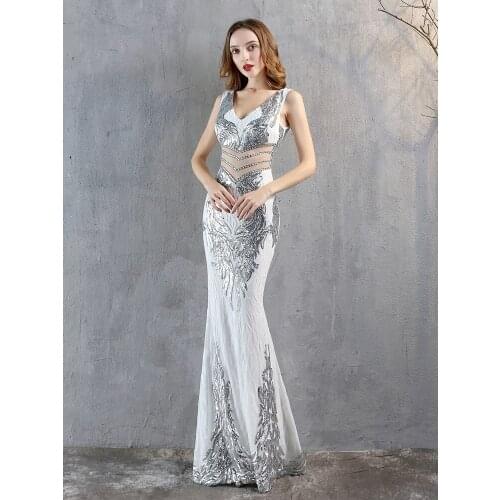 2021 New Sequins Evening Dress Women See-through Beads Long Party Dreess Solid color Fashion and elegance