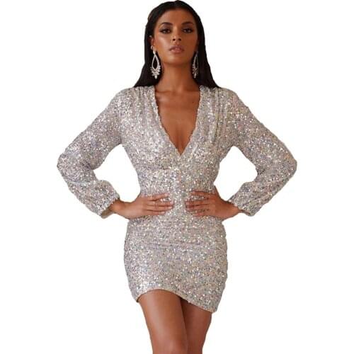 New Wholesale Hot Sale European And American Sexy Ladies Deep V-neck Long Sleeve Hip Sequin Dress
