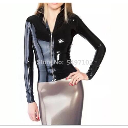 New sexy Costumes Latex Women Uniform Clothes Maid Costume zentai cekc coat Blouse Long Sleeves Shirt Tops T-shirt With Zip