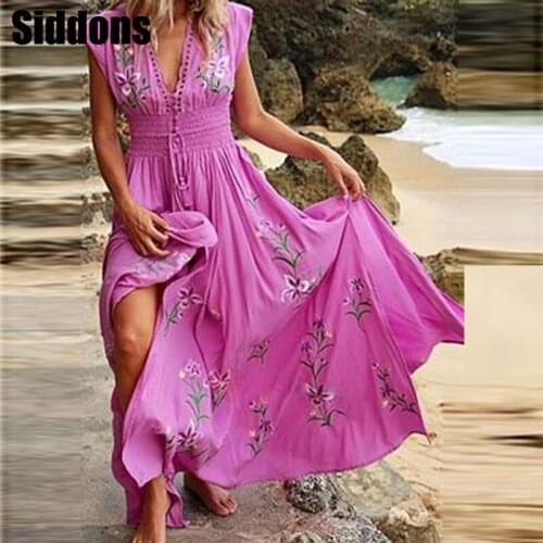 Sexy Sleeveless Floral Print V Neck Maxi Dress Elegant Tassel Boho Beach Long Dress Vestido