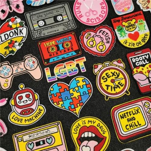 LGBT Rainbow Embroidered Patch for Clothes Animal Iron on Patches Cute Cartoon Badges Applique Mixtape Sticker Frog Heart Stripe
