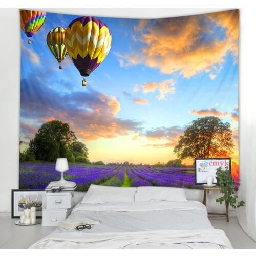 Sunset Hot Air Balloon Tapestry Wall Hanging Lavender Field Tablecloth Bohemian Fresh Elegant Home Decor