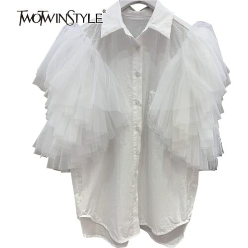 TWOTWINSTYLE Patchwork Mesh Ruffle Shirt For Women Lapel Short Sleeve Casual White Blouse Female Fashion New Clothing 2021 Tide