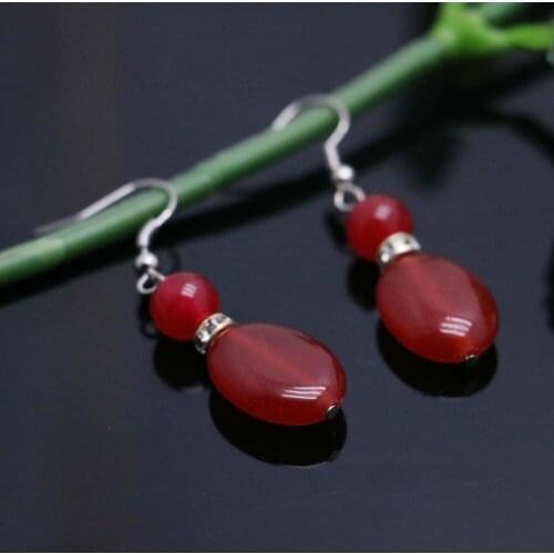 Ethnic style Natural Stone Red Chalcedony Beads Crystal Earrings Earbob Eardrop for women girls Ladies accessories gifts jewelry