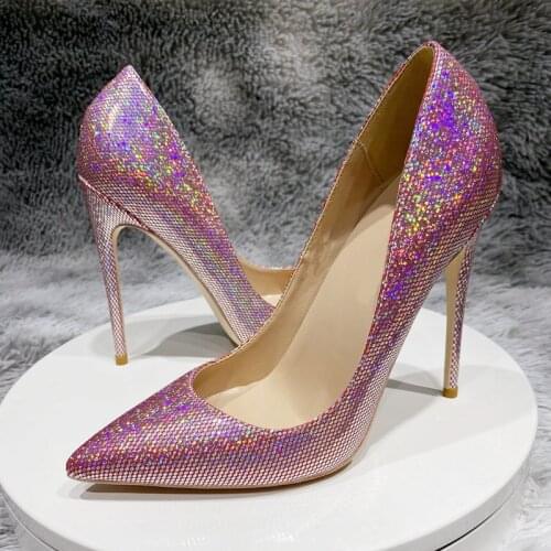Woman sequined 8cm 10cm 12cm high heels party wedding sexy pointed toe plus size shllow stiletto romantic pumps LF025 ROVICIYA