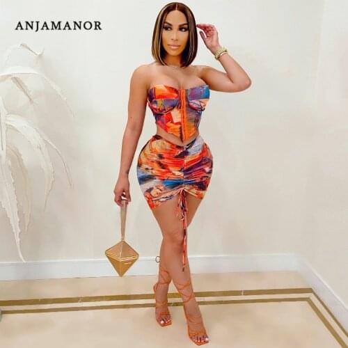 ANJAMANOR Sexy Two Piece Set Drawstring Ruched Mini Skirts Cropped Corset Top Night Club Party Outfits Mesh Dress Sets D42-CH12