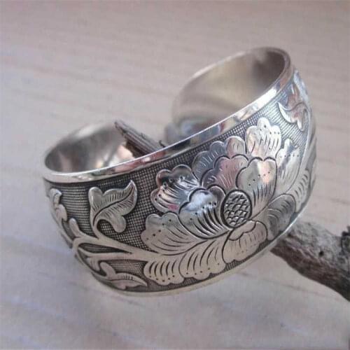 Retro Tibetan Silver Peony Tibet Flower Bangle Cuff Bracelet Open Wide Bracelet For Women Bangle