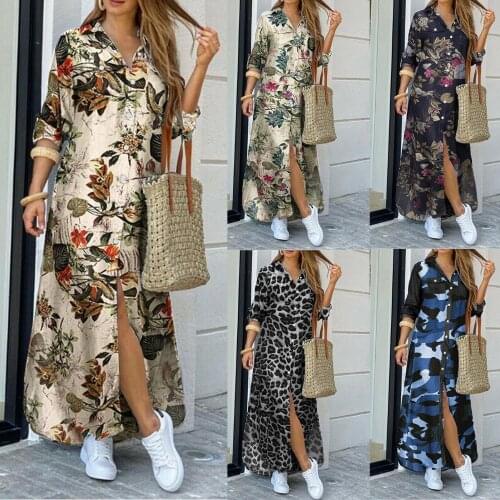 Women Beach Dress Fashion Long Sleeve Flowers Leopard Camo Print Split Hem Maxi Shirt Dress Summer New Ladies Vintage Sundress