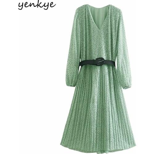 YENKYE Spring Women Vintage Print Pleated Chiffon Dress Female V Neck Long Sleeve Free Belt Dress Casual Midi Vestido Plus Size