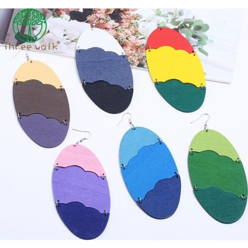 2021 New Fashion Oval Geometric Long Drop Earring For Women Jointed-Color Wooden Jewelry
