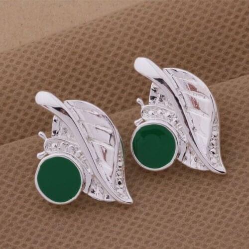 AE406 Hot sterling earrings , fashion jewelry , leaf inlaid green stone /cjxalbea atzajlga silver color