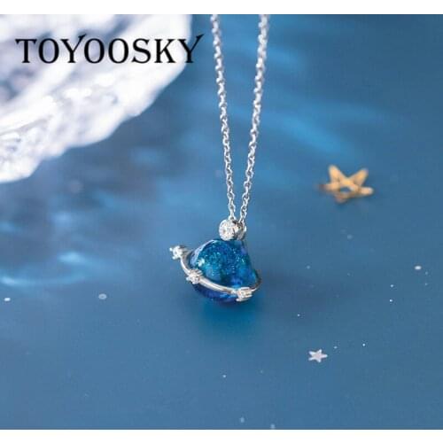 Trendy Genuine 925 Sterling Silver Blue Crystal Planet Sparkling Zircon Chain Link Necklace for Women Lady Girls
