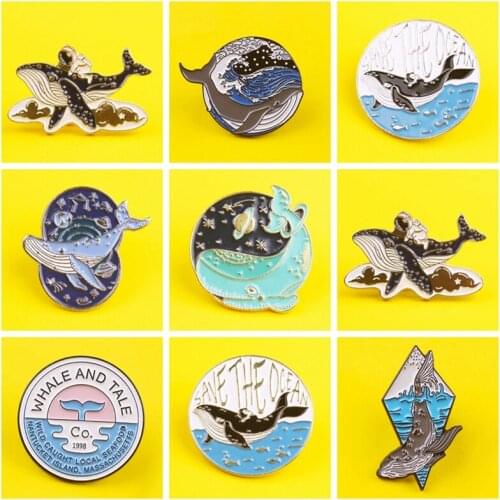Whale and Tale Enamel Pins Whale Wave Planet Brooches Badges Denim Clothes Bag Pins Cartoon Nature Ocean Sea Animal Jewelry Cute
