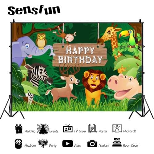 Boys Safari Jungle Birthday Party Backdrops For Photography Green Forest Wild Animals Lion Elephant Kids 1st Birthday Background