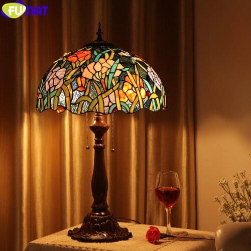 FUMAT Tiffany Style Desk Lamps Rose Bunch Orchid Flower Stained Glass Handcraft Art Decor Antique Table Lights 16 Inch Lighting