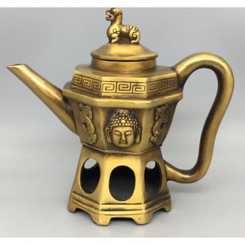 China brass archaize Buddha head teapot crafts statue