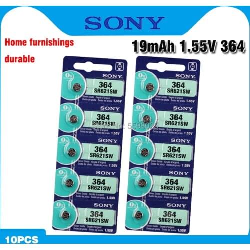 Original Sony 10pcs SR621SW Silver Oxide for Watch 6.8mm*2.1mm AG1 364 164 D364 L621 GP364 Button Cell Coin Batteries