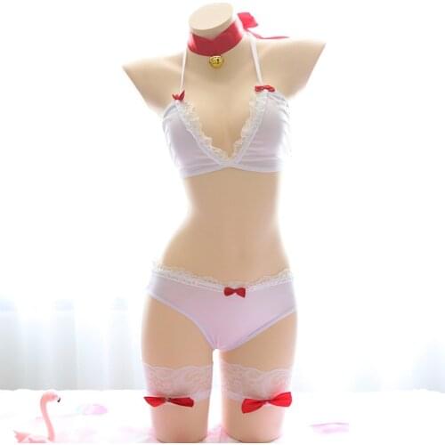 Japanese Girl Cute Cat Bikini Suits Lolita Anime Bell Collar Bra and Panty Stocking Set Sexy Lingerie Underpants Exotic Apparel