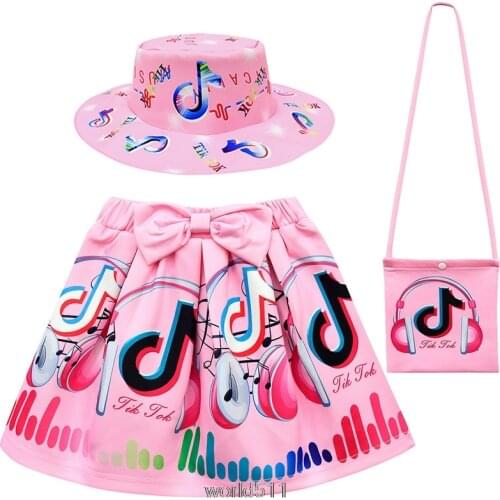 Hot Tik Tok Girls Clothes Sets Summer short sleeve top+Bow cartoon print skirt+Bag +hat 4-piece kids Childrens Clothing Suit