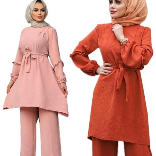 2 Pieces Muslim Suits Female Kaftan Islamic Clothing Ramadan Sets Ruffle Tops Pants Long Sleeve Loose Casual Arab Dubai Fashion