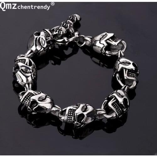 Men Skeleton Bicycle Link Chain Biker Bracelet Men Stainless Steel Skull Head Bracelet Bangles Male Hip Hop Jewelry Punk Rock