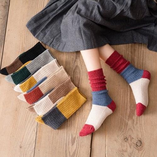 Mid Tube Socks Wool Korean Style 1Pair for Winter Patchwork Color Keep Warm Ladies Pile Socks Thicking Women Socks
