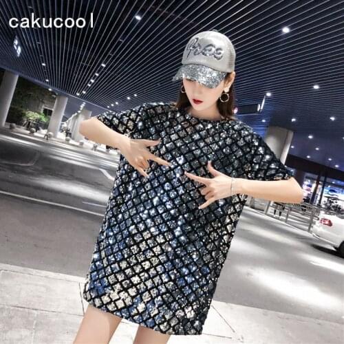 Cakucool New Short Sleeve Dress Round Neck Shiny Sequined Plaid Bling Short Vestido Chic Loose Slim Dresses Mujer Vadim Black